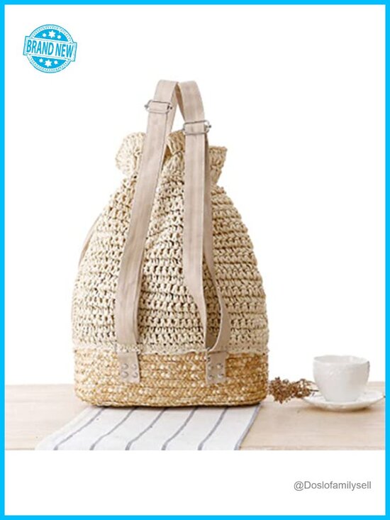 Crochet Woven Straw Backpack with Leather Straps Drawstring Beach Tote Rucksack main image 5